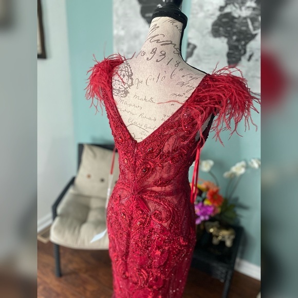 Portia & Scarlett feather red sparkly evening gown, formal dress or pageant gown - Picture 6 of 7